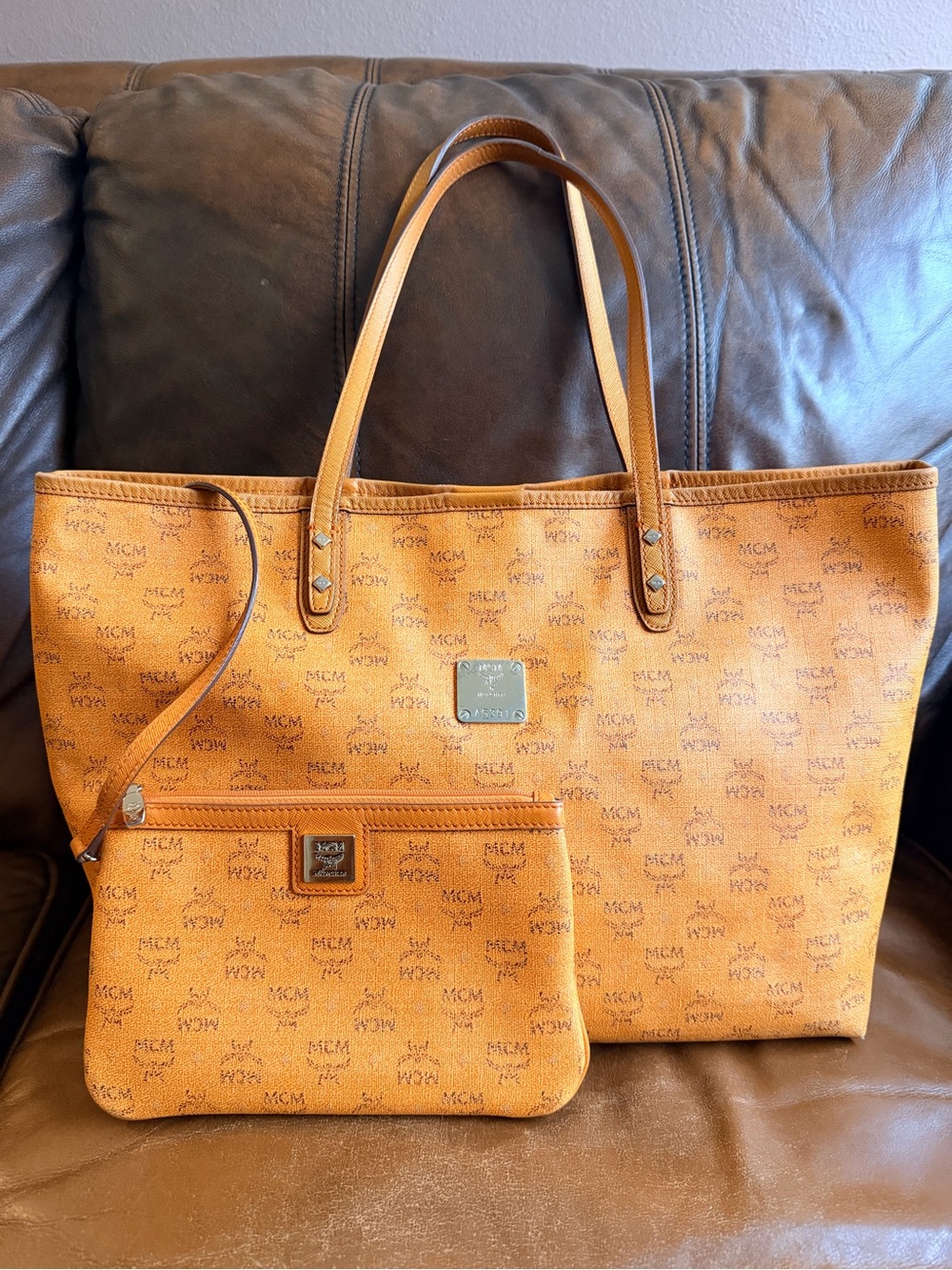 MCM Cognac Logo Print Canvas Tote with Pouch